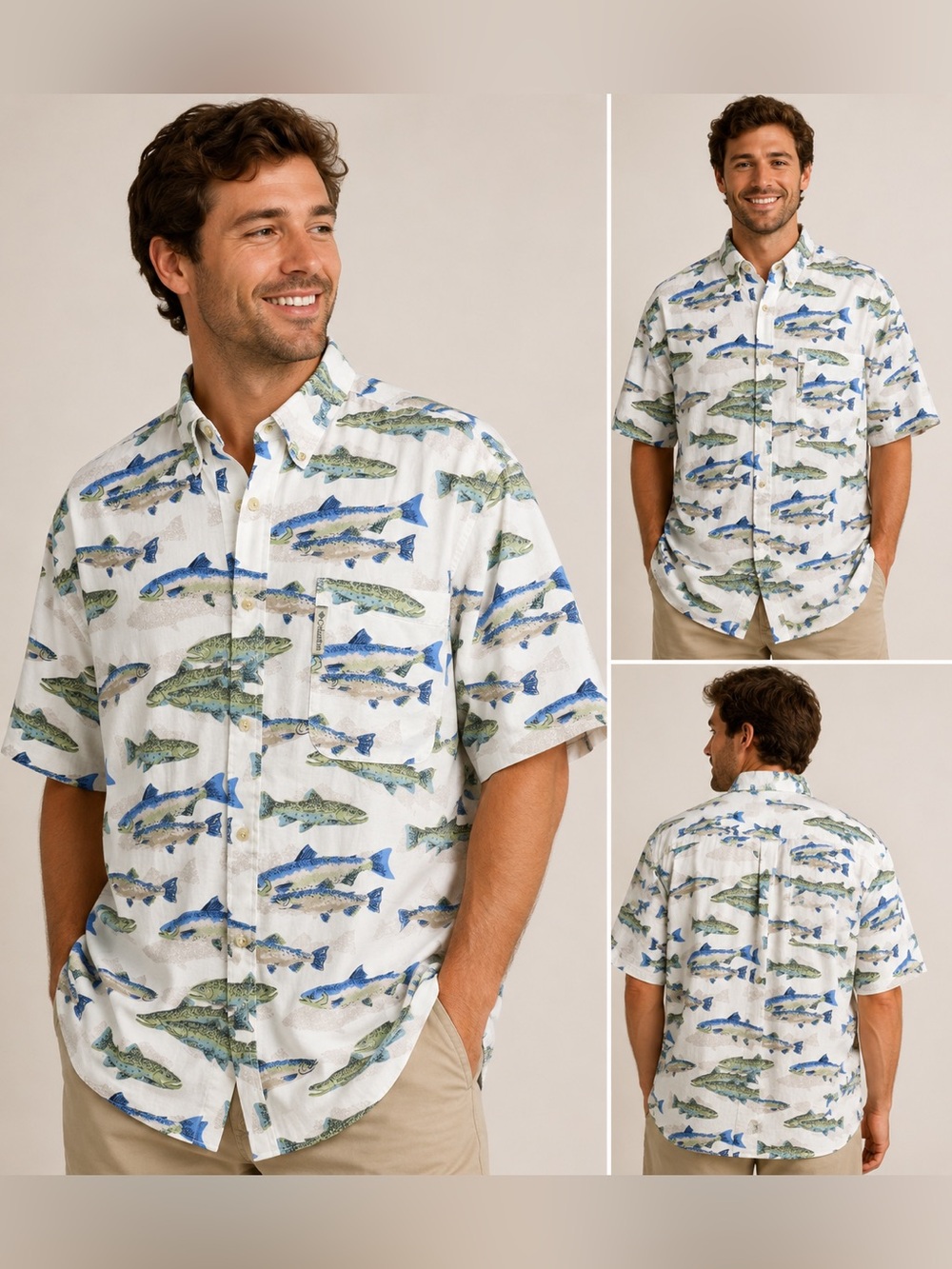 Columbia Fish Print Button Up Shirt Men’s M Fishing